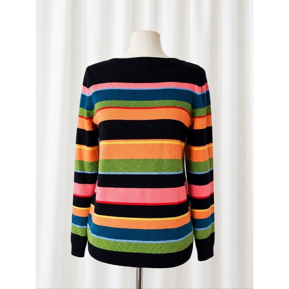 Talbots Navy Blue Rainbow Stripe Colorblock Boatneck Preppy Knit Sweater
